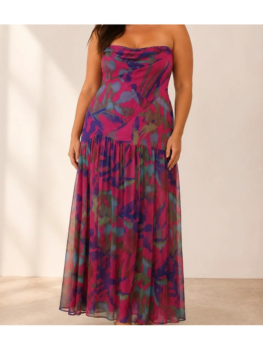 Y2K Hot Pink Abstract Print Strapless Mesh Maxi Dress Cowl Neck